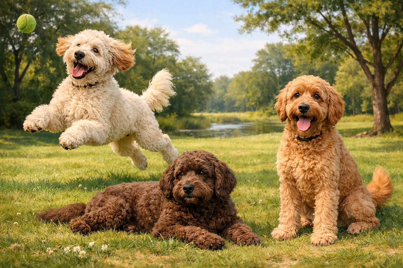 Three Labradoodles in a park showing different behaviors: one jumping playfully, one lying calmly on the grass, and one sitting attentively.