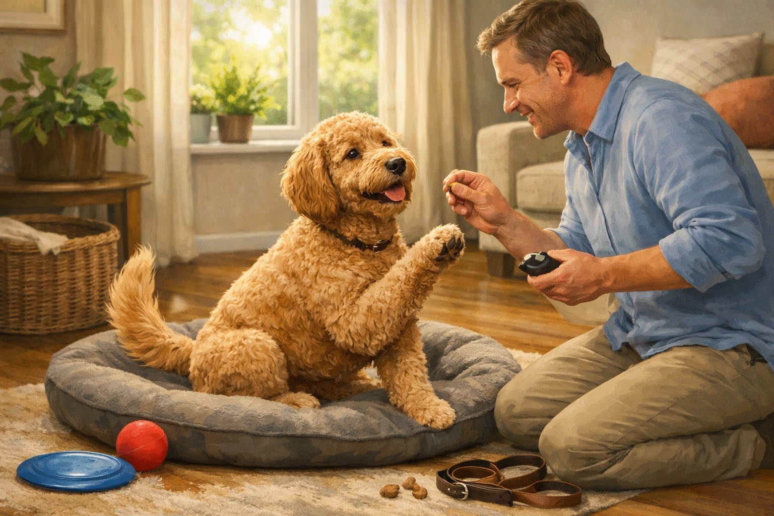 A Labradoodle interacting with its owner during training and daily activities in a cozy home setting, showing the dog’s friendly and calm demeanor.