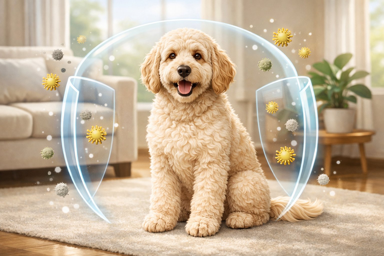 A Labradoodle dog sitting calmly in a bright living room with subtle allergen symbols around it and protective barriers illustrating hypoallergenic qualities.