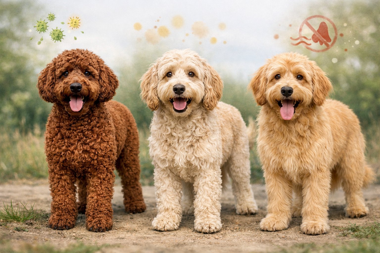 Three Labradoodles with different coat types side by side, illustrating variations in fur texture.