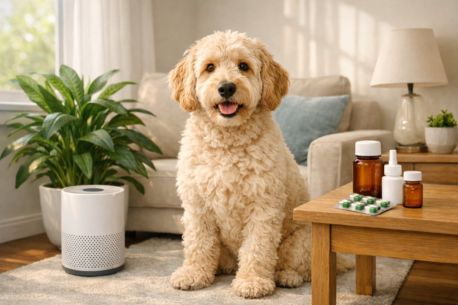 A Labradoodle sitting calmly in a bright living room with an air purifier, potted plant, and allergy medication on a side table nearby.