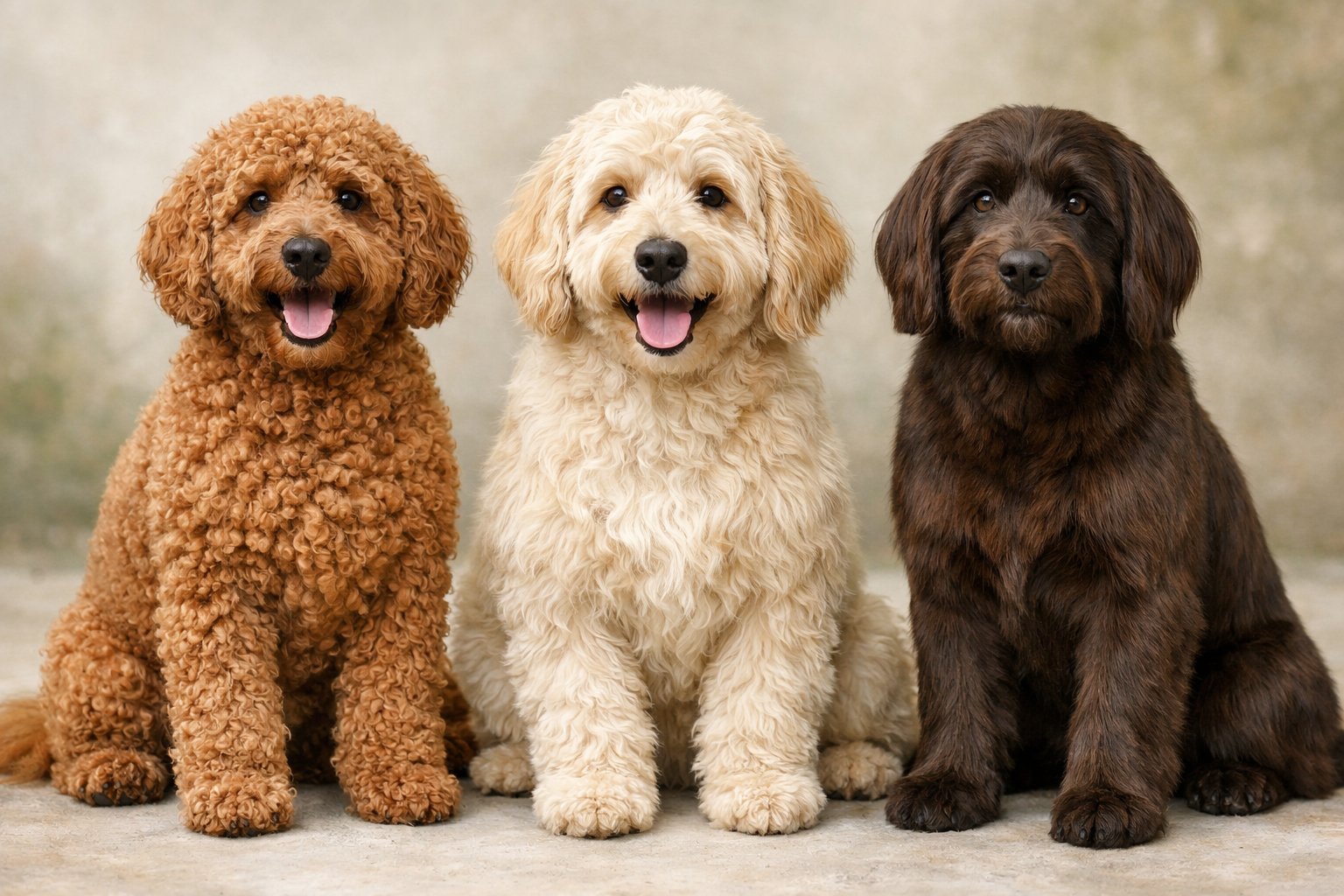 Three Labradoodles standing side by side, each with a different coat type: curly, wavy, and straight fur.