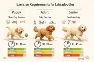 Illustration showing Labradoodles of different ages and sizes with icons representing various exercise activities and durations.