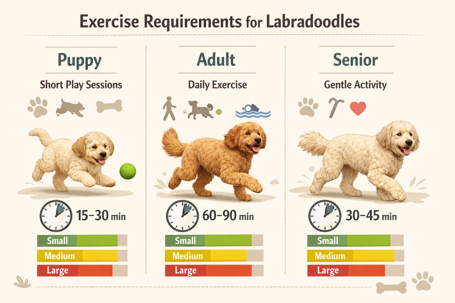 Illustration showing Labradoodles of different ages and sizes with icons representing various exercise activities and durations.