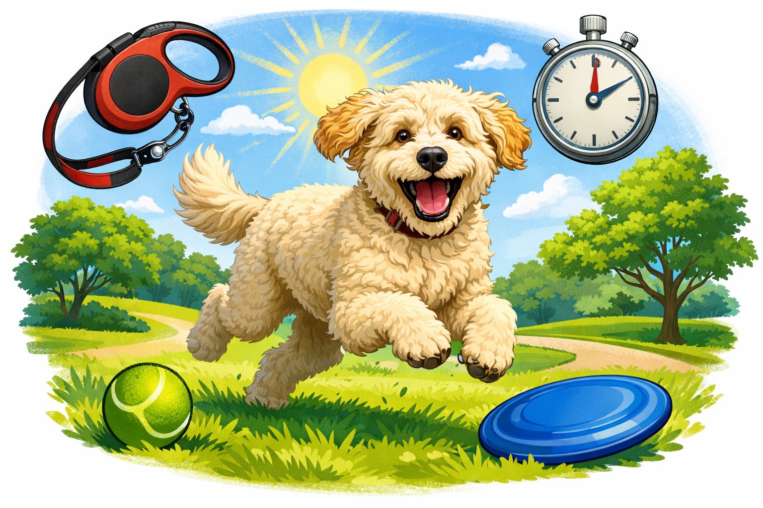 A Labradoodle dog running joyfully in a park with exercise items like a ball and frisbee nearby, surrounded by trees and a walking path.