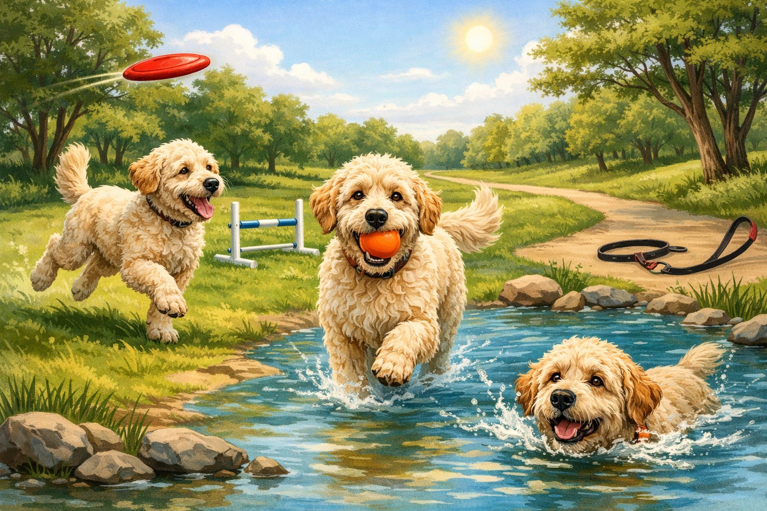 A Labradoodle running, playing fetch, and swimming outdoors in a park setting.
