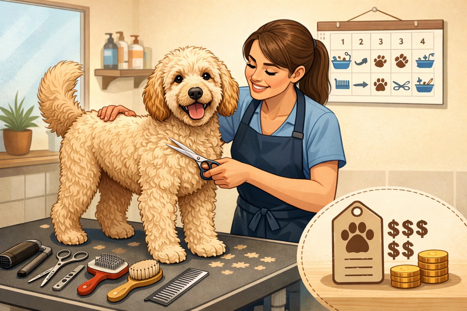 A Labradoodle dog being groomed by a professional in a clean grooming salon with grooming tools and a calendar showing regular grooming intervals.