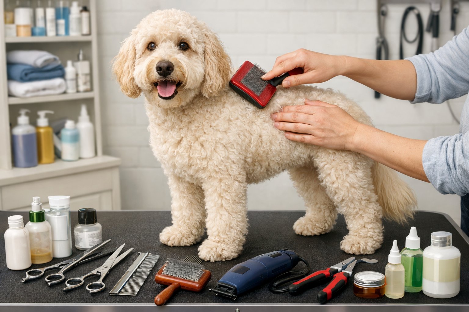 A Labradoodle standing on a grooming table with grooming tools arranged nearby and a groomer brushing its coat in a clean grooming salon.