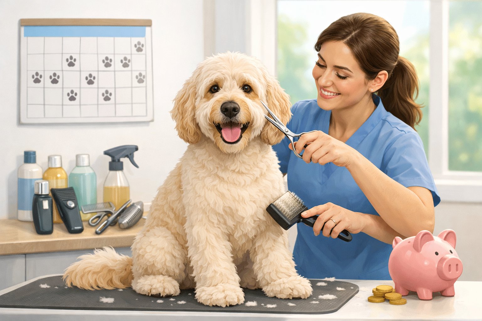 A Labradoodle dog being groomed by a person in a bright grooming salon with grooming tools and a calendar nearby.