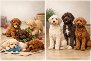 Side-by-side images of Labradoodle puppies playing and adult Labradoodles standing calmly, showing differences in size and appearance.