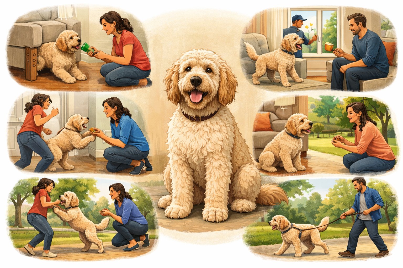 A Labradoodle dog is shown with scenes around it illustrating common behavior problems like chewing furniture, barking, jumping, and pulling on the leash, alongside people calmly correcting these behaviors indoors and outdoors.