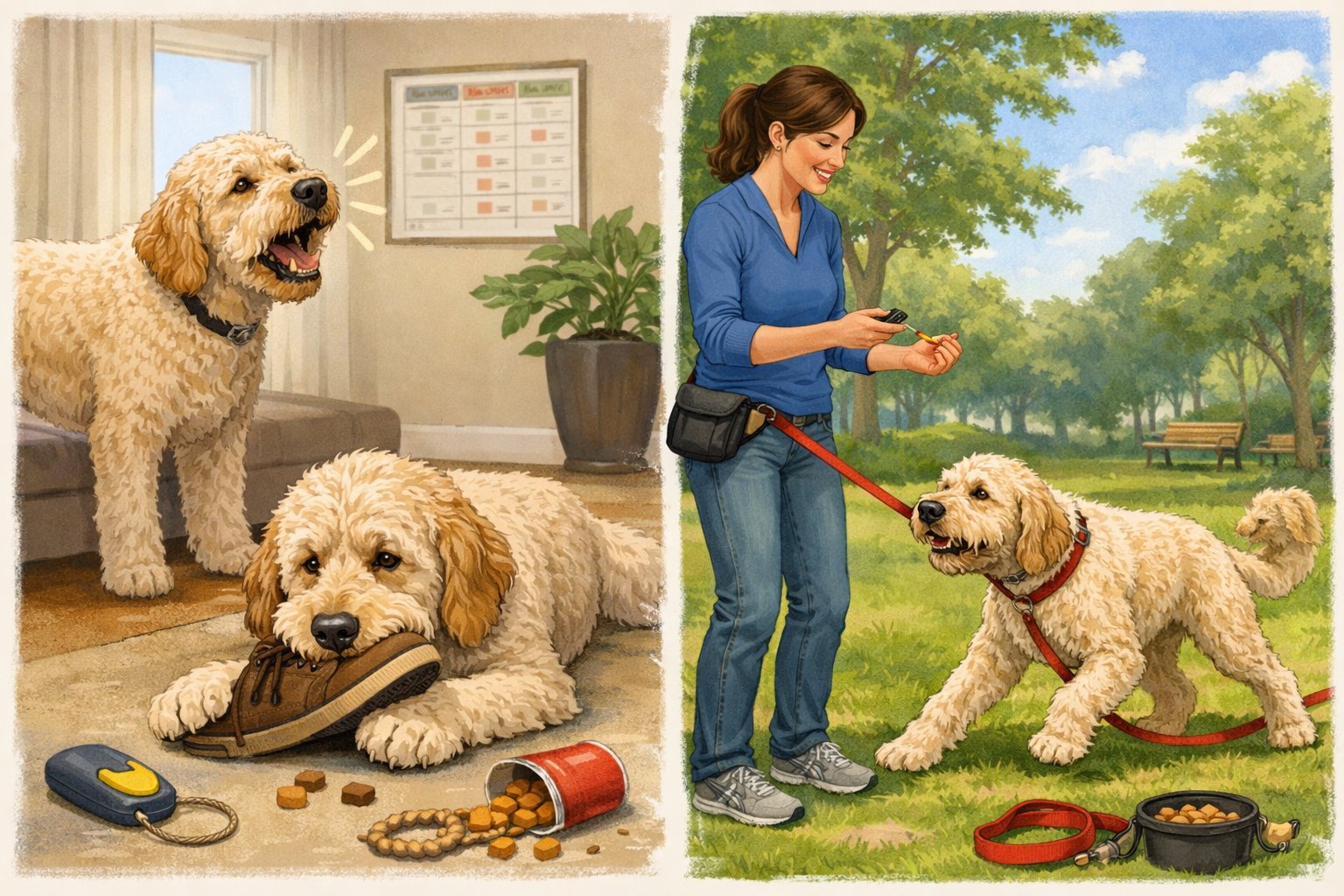A Labradoodle dog showing common behavior problems while a person calmly trains and corrects the dog in a home or park setting.
