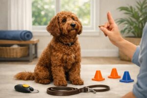 A Labradoodle dog attentively sitting in a training room, looking at a trainer holding a treat and giving a hand signal.