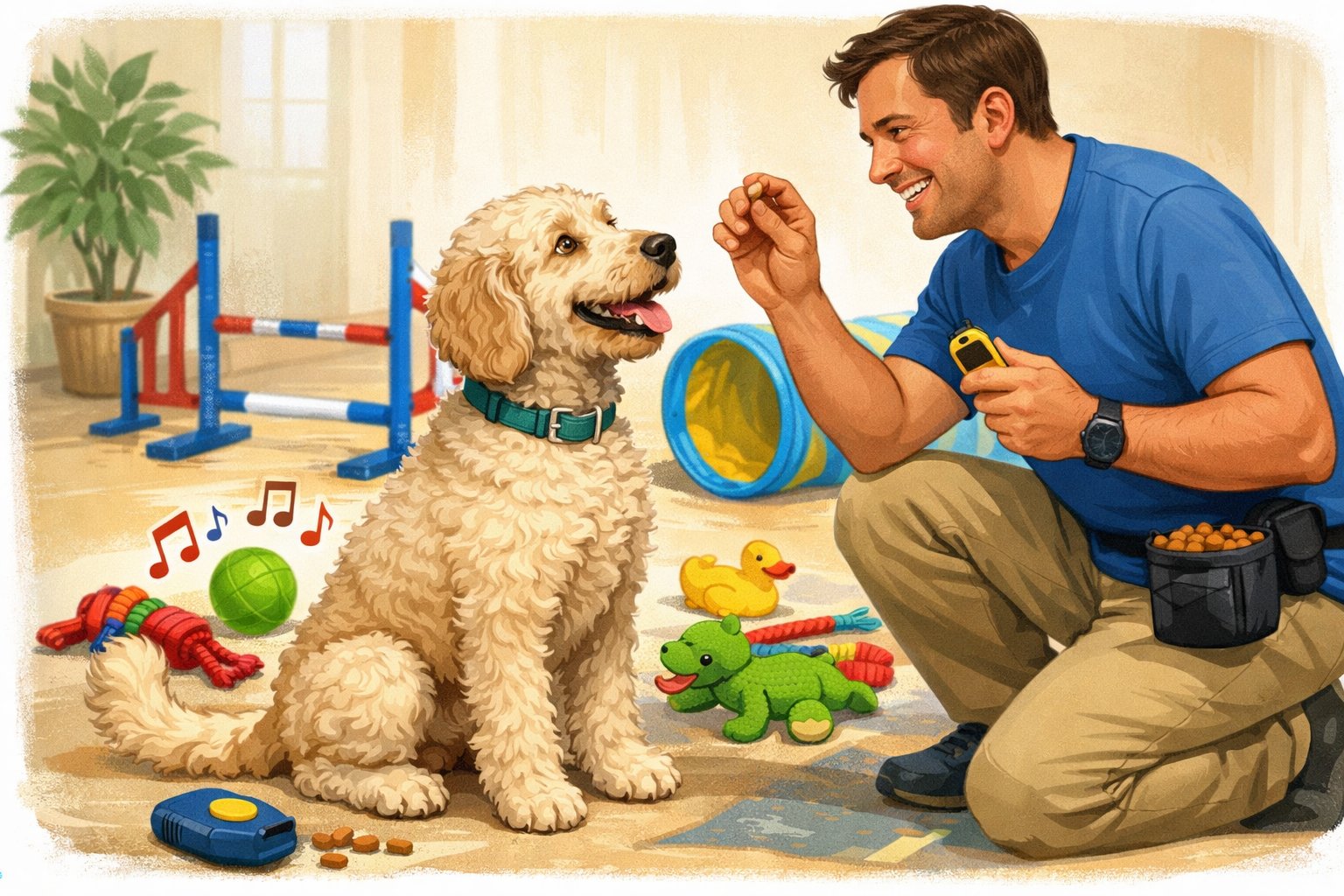 A Labradoodle dog attentively training with its owner indoors, surrounded by toys and training tools.