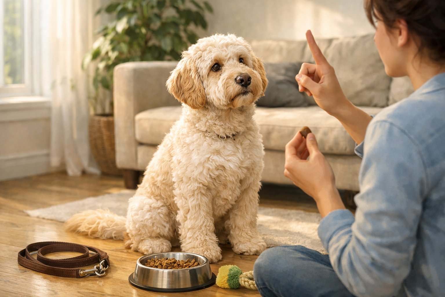 A person training a Labradoodle dog indoors, with the dog sitting attentively and the person holding a treat.