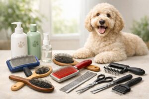 A Labradoodle sitting calmly next to various grooming brushes, shampoos, and tools arranged on a surface.