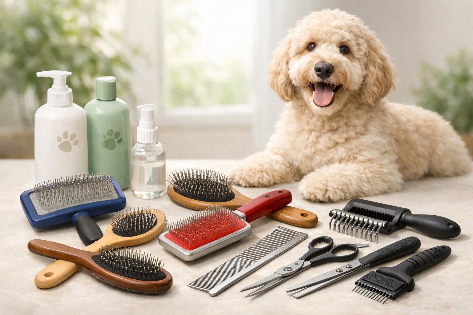 A Labradoodle sitting calmly next to various grooming brushes, shampoos, and tools arranged on a surface.