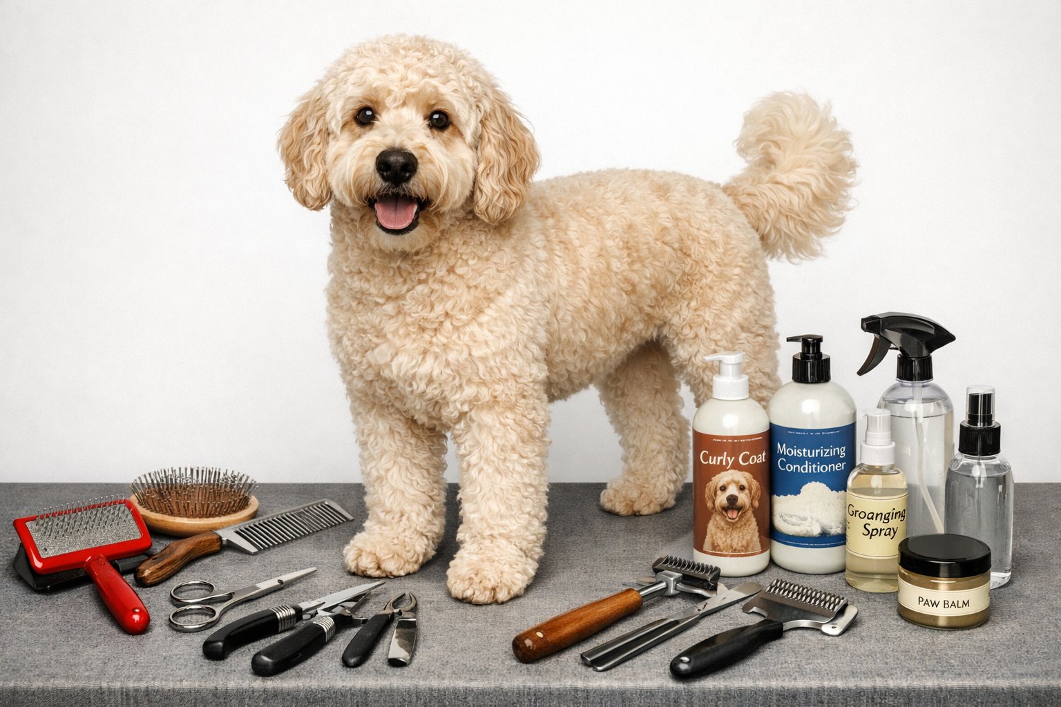 A Labradoodle standing on a grooming table surrounded by various grooming brushes, shampoos, scissors, and nail clippers.