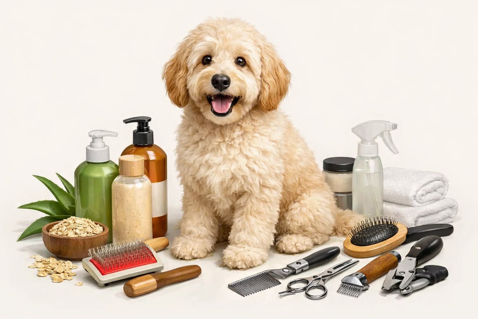 A Labradoodle dog surrounded by various grooming brushes, shampoos, and tools arranged neatly around it.