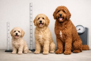 Three Labradoodles of different sizes standing side by side, showing small, medium, and large dogs for comparison.