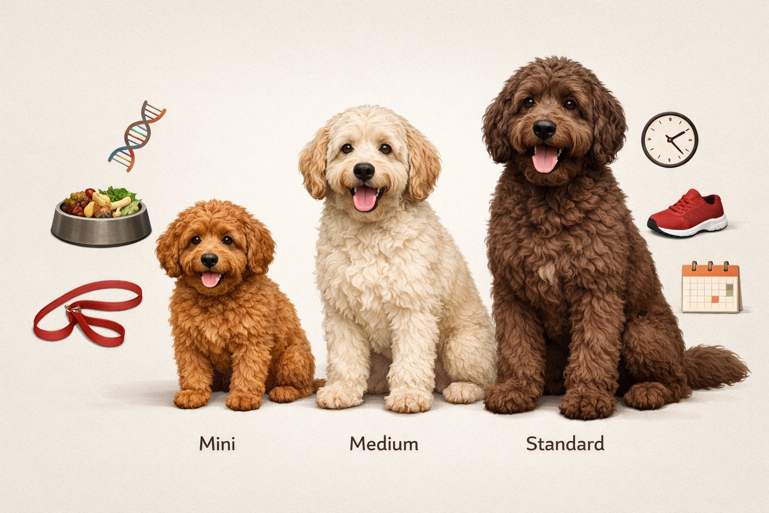 Three Labradoodles of different sizes standing side by side with icons representing genetics, nutrition, exercise, and age around them.