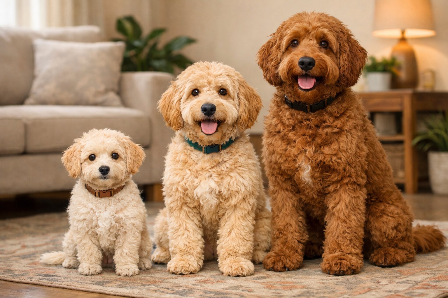 Three Labradoodles of different sizes sitting together in a cozy living room.