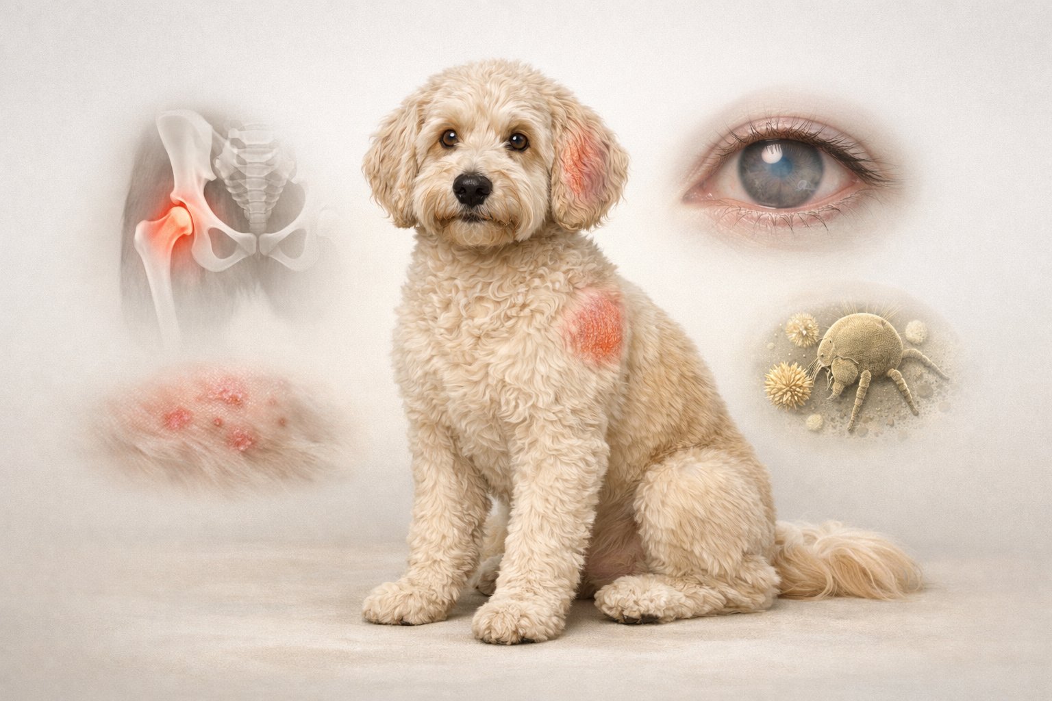 A Labradoodle dog standing calmly with subtle highlights on its joints, skin, and eyes indicating common genetic health issues.