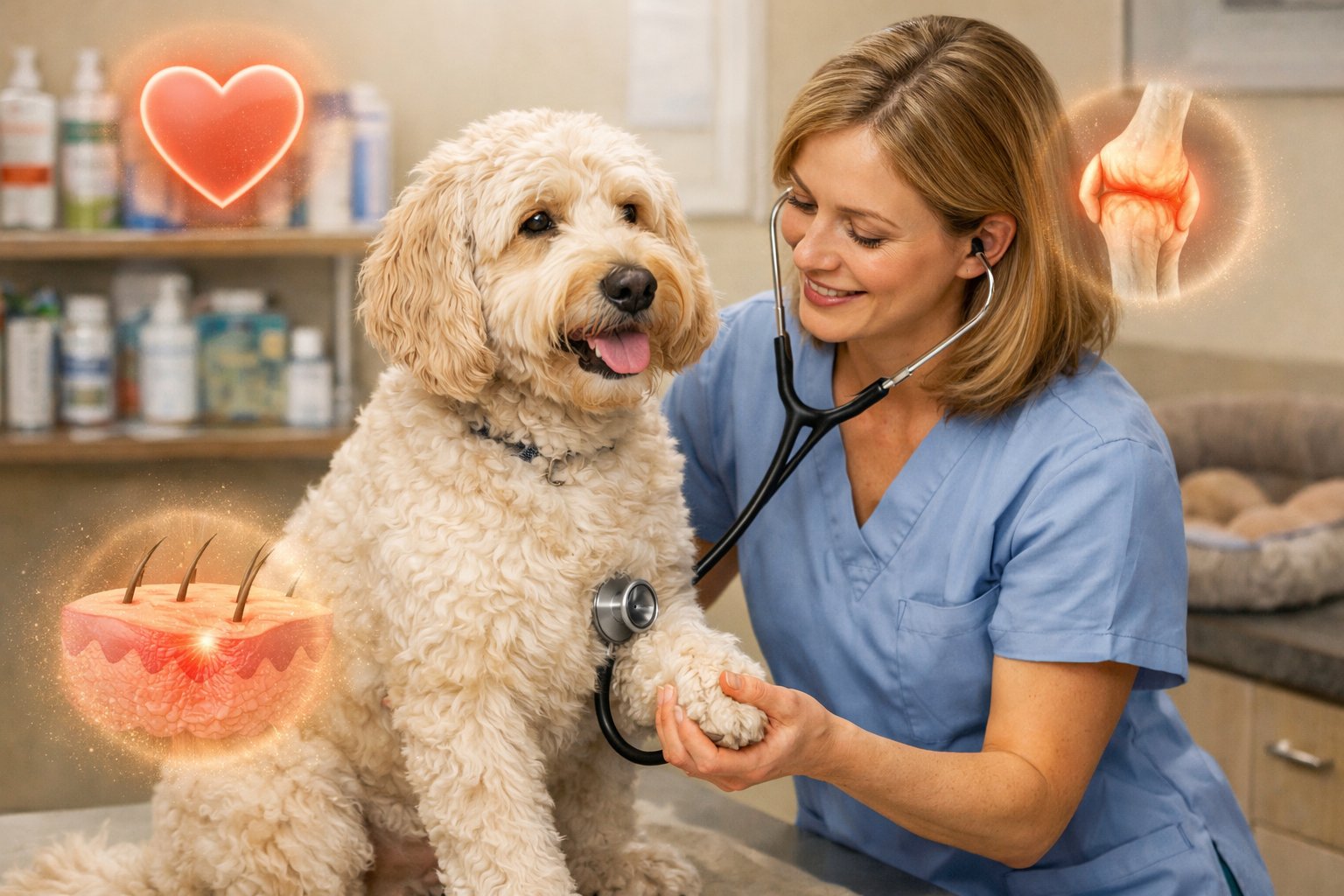 A veterinarian examining a Labradoodle dog in a clinic, with subtle icons representing health concerns around them.