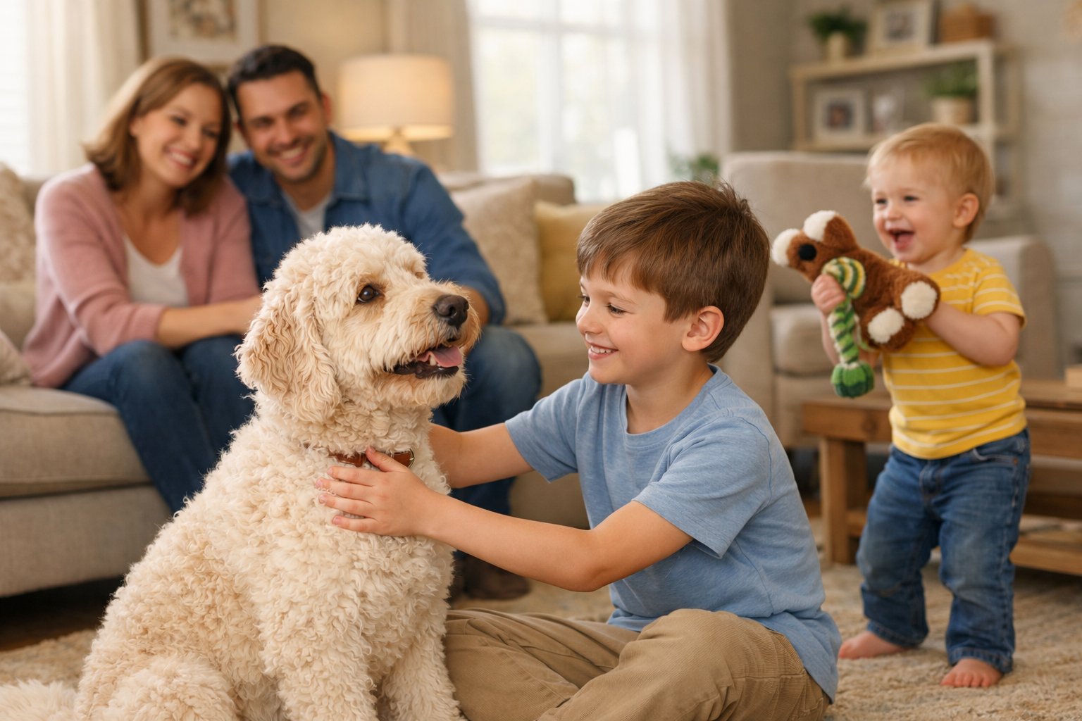 A Labradoodle dog sitting with a child and family members in a cozy living room, showing a warm and friendly interaction.