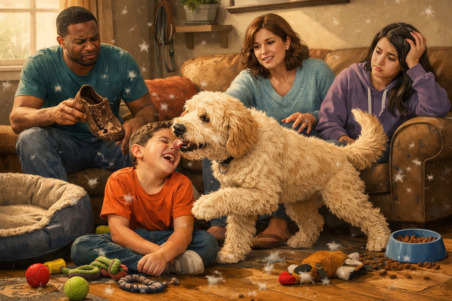 A family with a Labradoodle dog in a living room, showing both joyful and challenging moments of dog ownership.