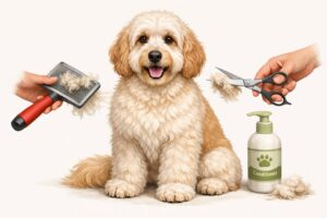 A Labradoodle dog with a fluffy coat being gently groomed with a brush and scissors, with grooming supplies nearby.
