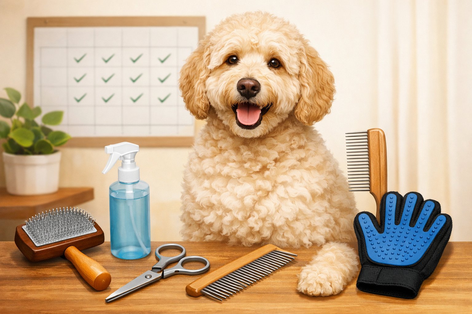A Labradoodle with a fluffy coat surrounded by grooming tools like brushes, combs, scissors, and a spray bottle, with a calendar in the background showing daily grooming steps.