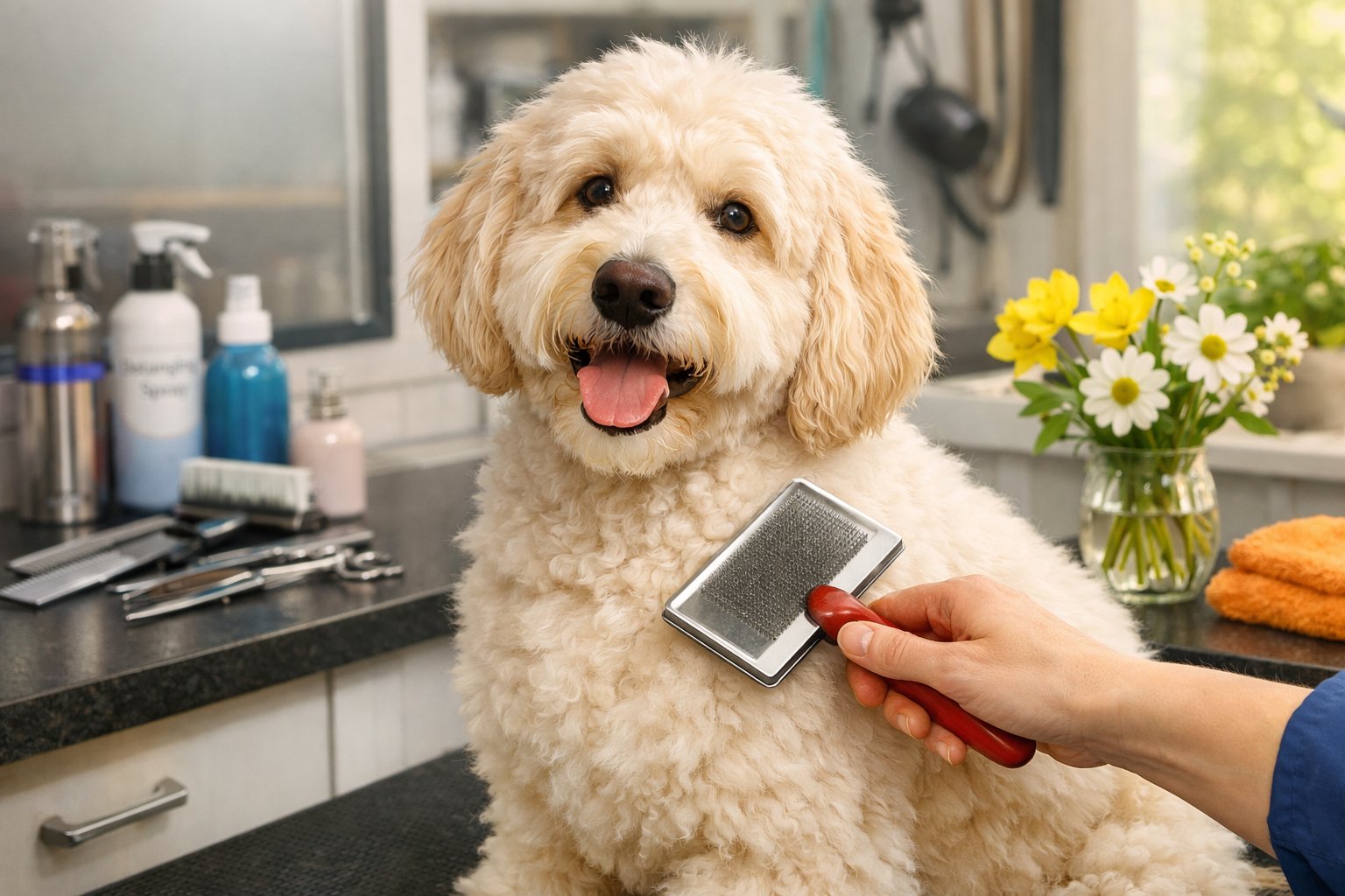 A groomer gently brushing a Labradoodle's coat in a bright grooming salon with grooming tools visible nearby and subtle seasonal decorations.