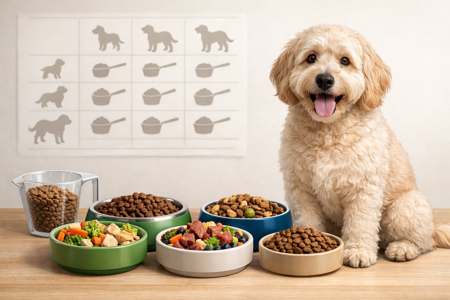 A Labradoodle dog sitting beside several bowls of dog food with a measuring cup and a feeding guide chart in the background.