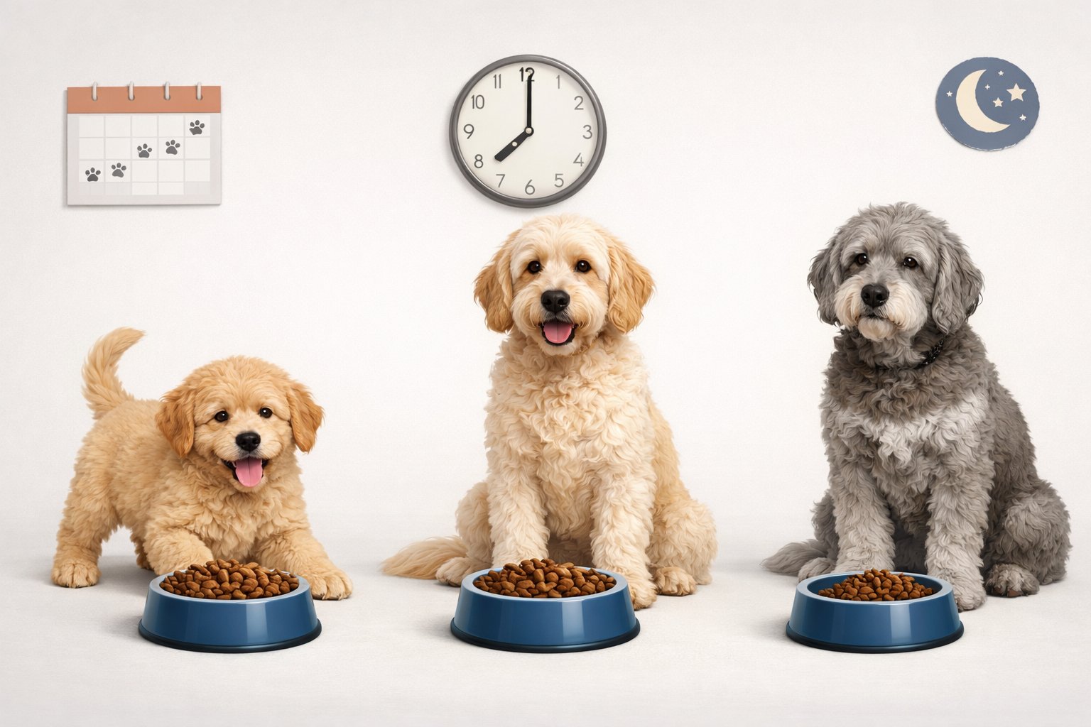 Three Labradoodle dogs of different ages with feeding bowls showing varying amounts of food.