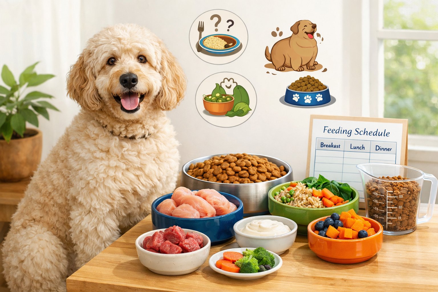 A Labradoodle dog sitting next to bowls of healthy dog food with a measuring cup and feeding schedule on a table nearby.