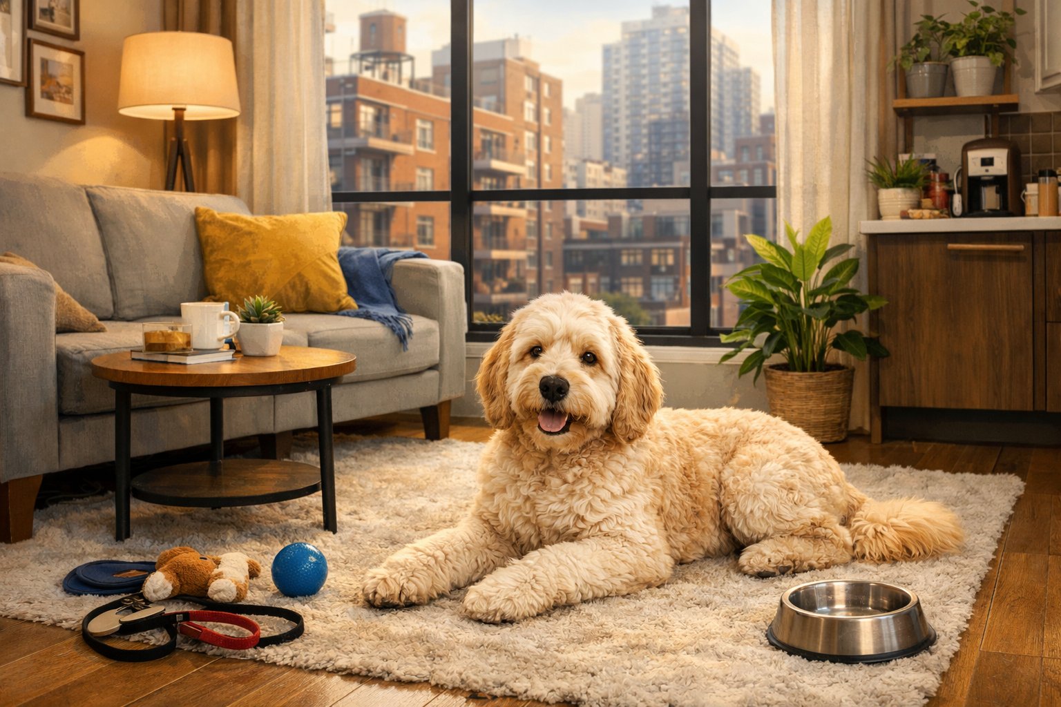 A Labradoodle dog resting comfortably in a modern apartment living room with furniture and city buildings visible through the windows.