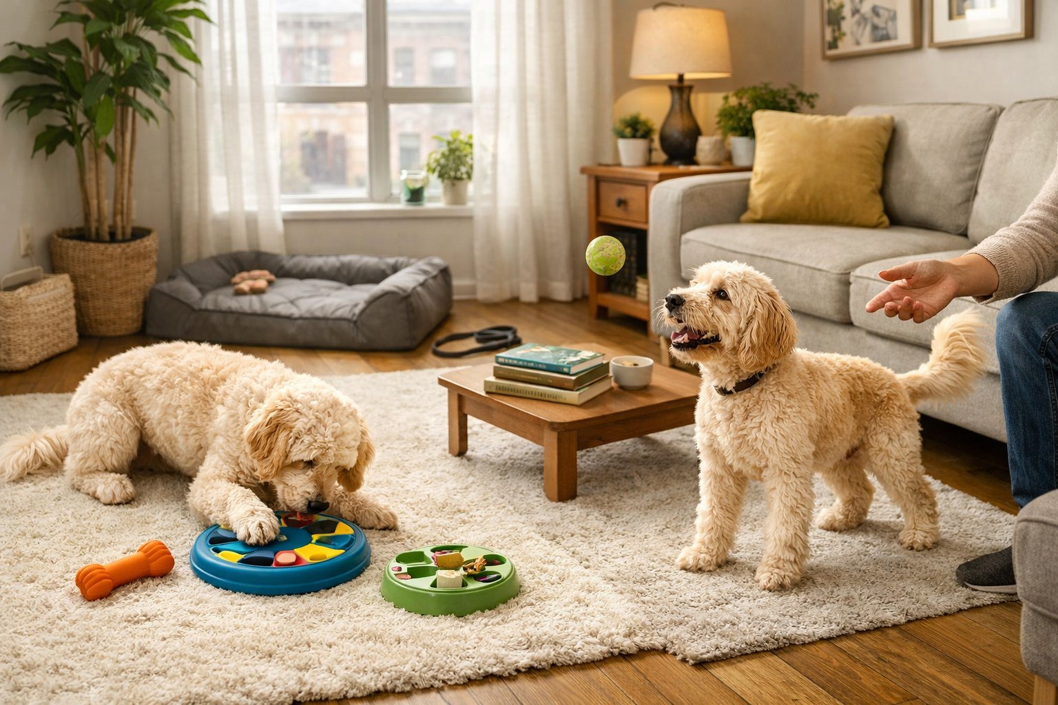 A Labradoodle dog playing with toys and interacting with a person in a bright, cozy apartment living room.