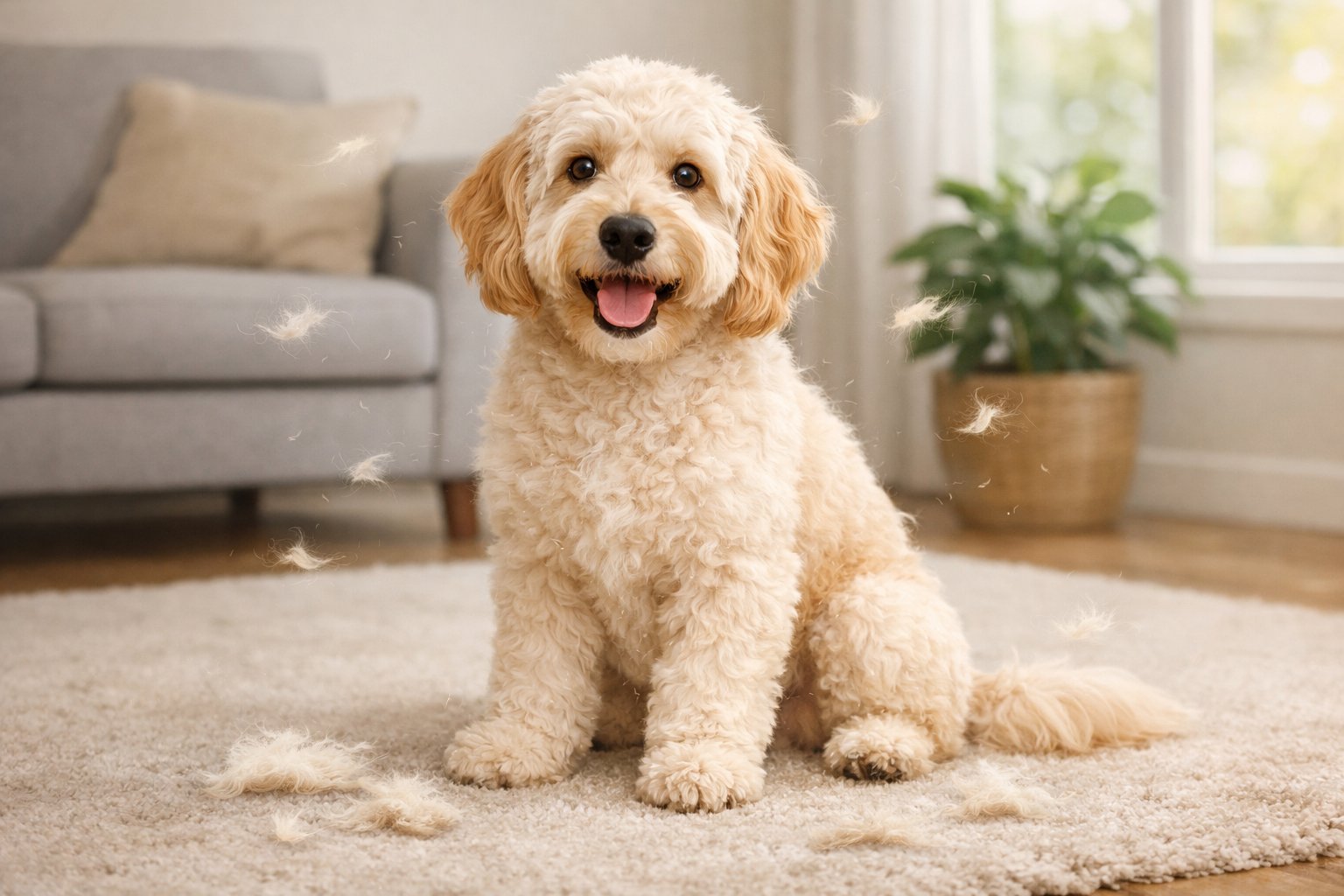 A Labradoodle dog sitting on a carpet in a living room with small tufts of fur floating in the air and on the floor around it.