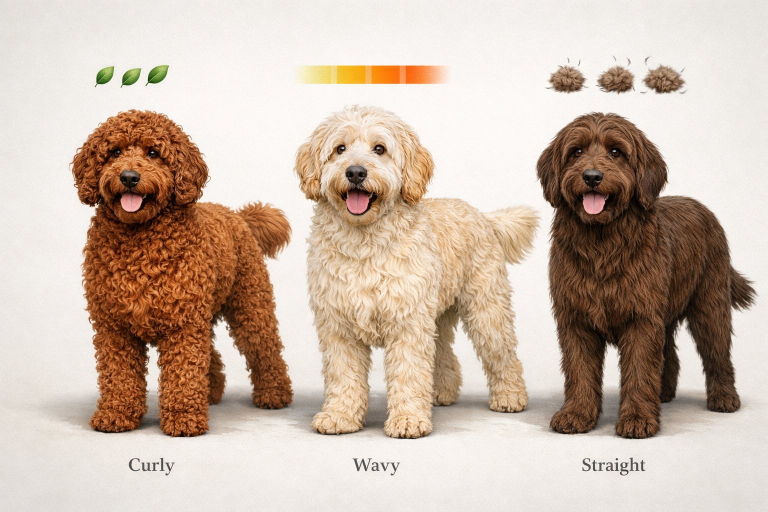 Three Labradoodle dogs side by side showing different coat types and shedding levels with clear differences in fur texture and curliness.