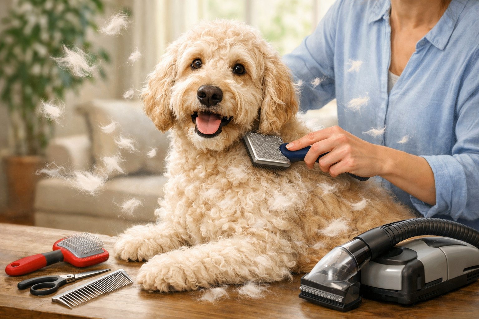 A Labradoodle dog being gently brushed by a person indoors, with loose fur floating around and grooming tools nearby.
