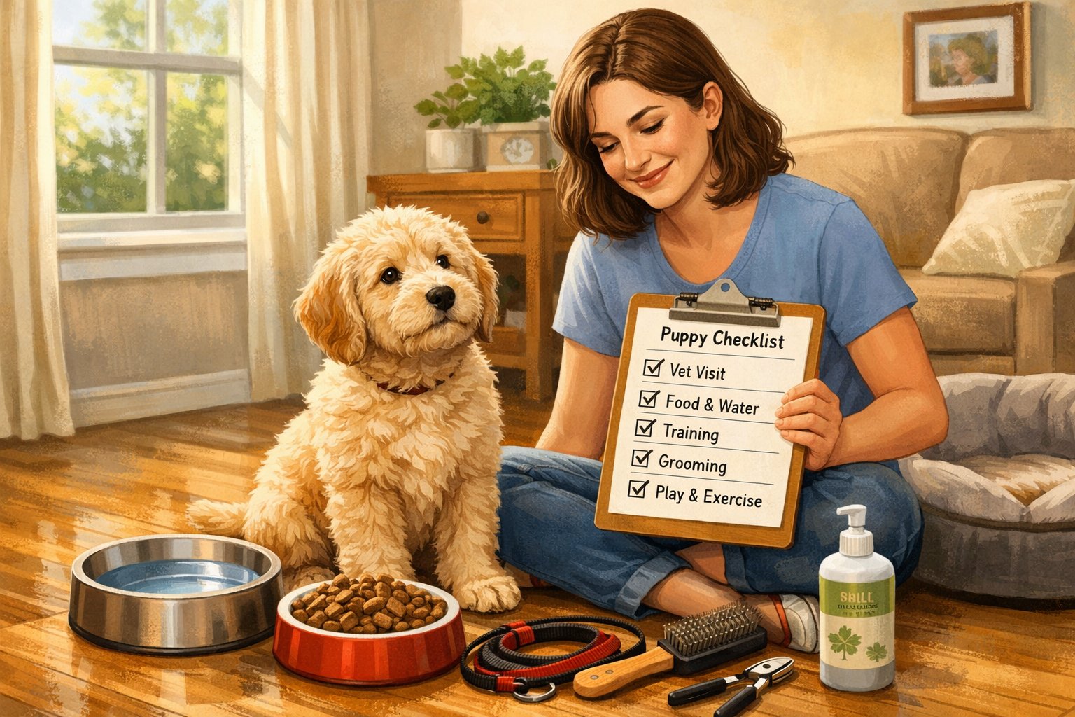 A person caring for a Labradoodle puppy indoors surrounded by pet care items including food, water, grooming tools, and a leash.
