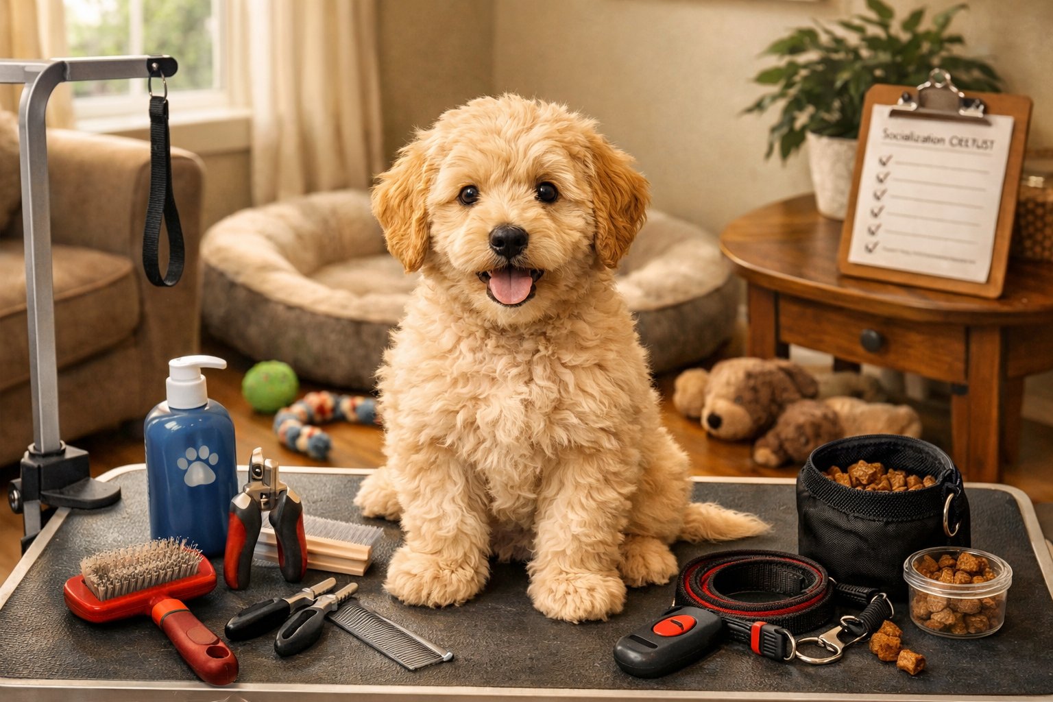 A Labradoodle puppy sitting in a cozy room surrounded by grooming tools, training equipment, and toys, ready for care and socialization.