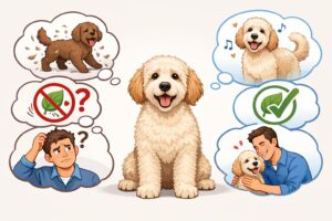 A Labradoodle dog is centered between two panels illustrating myths and facts about Labradoodles, with one side showing misconceptions and the other showing truths.