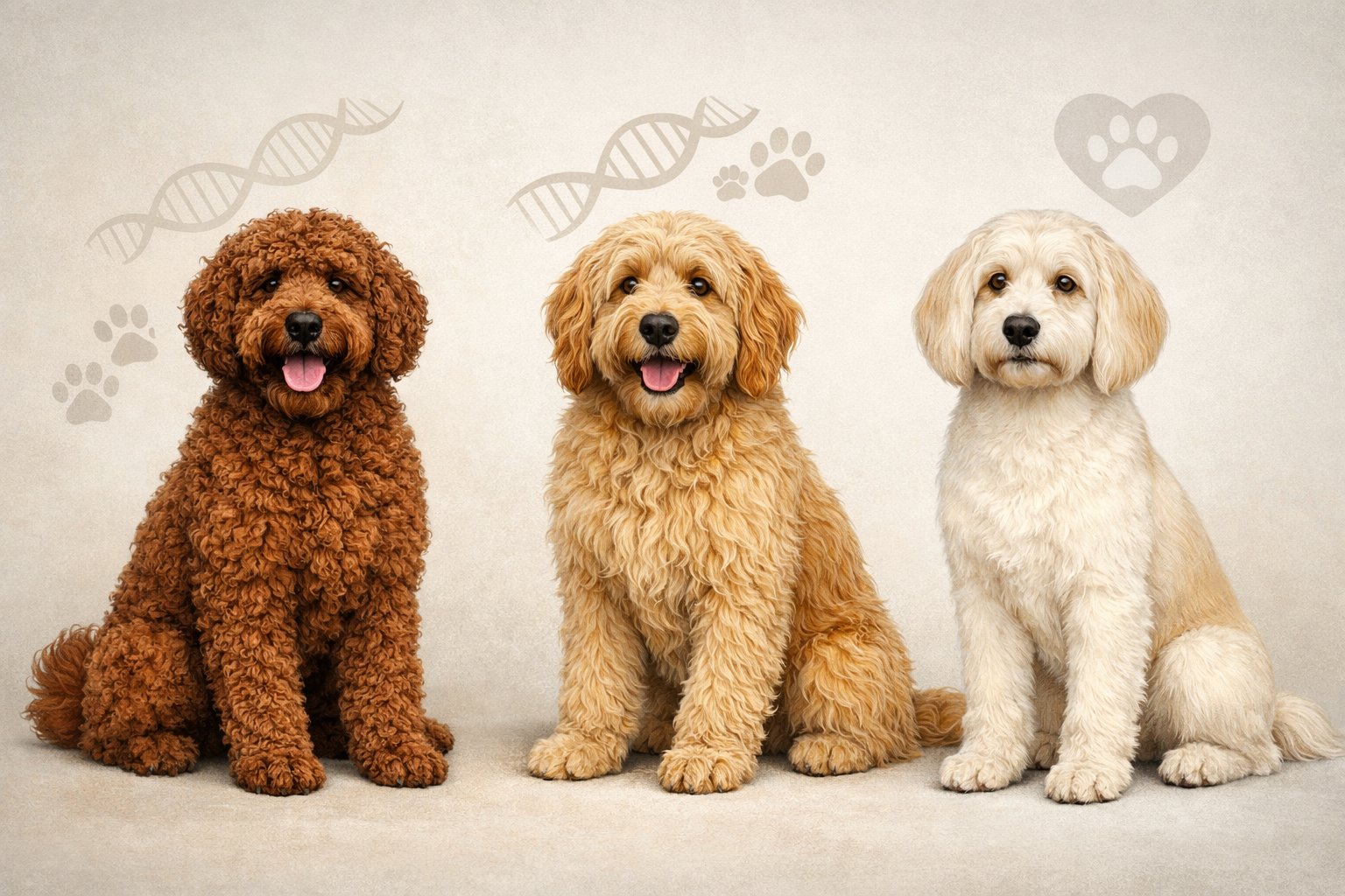 Three Labradoodles with different coat types and appearances shown side by side on a neutral background.