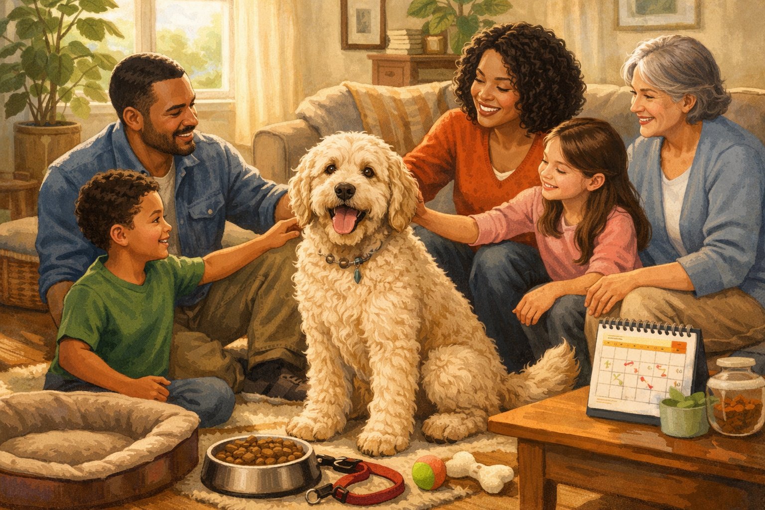 A family spending time with a Labradoodle dog in a cozy living room, showing interaction and care.
