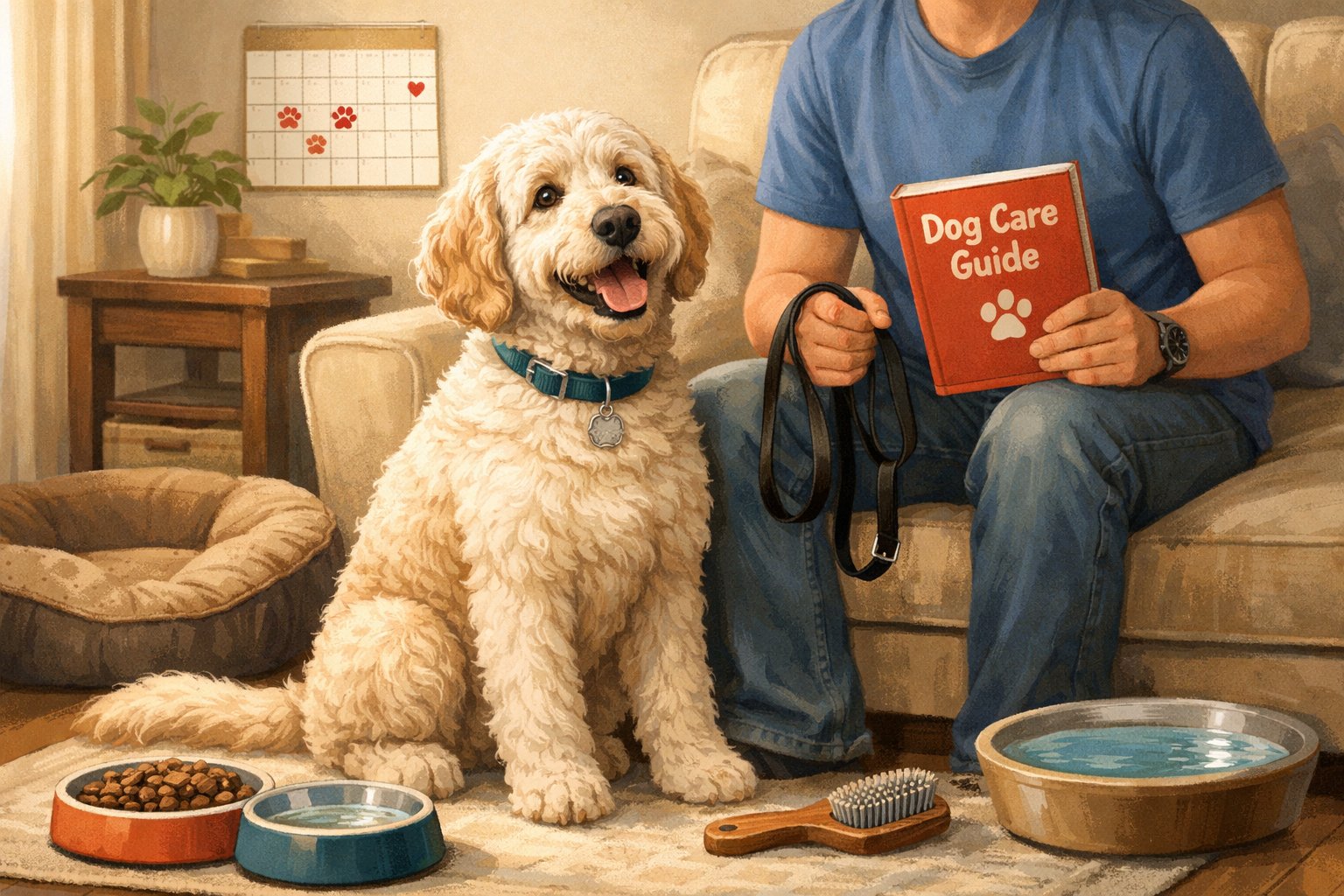 A person sitting next to a Labradoodle dog in a living room with dog care items nearby.