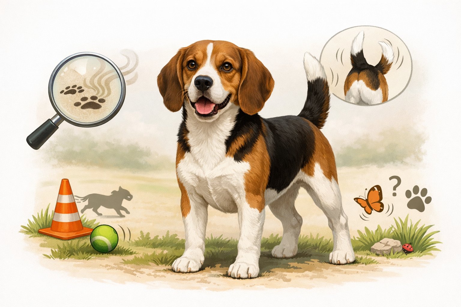 A Beagle dog standing attentively with visual elements symbolizing its keen sense of smell, friendly nature, and energetic behavior.