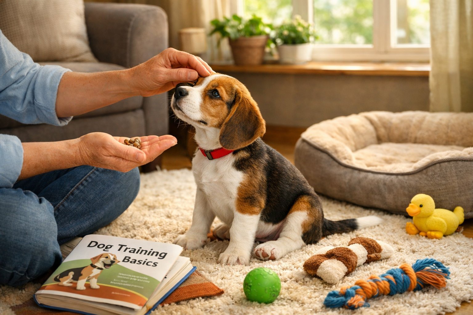 A Beagle puppy and a person interacting in a cozy living room with dog toys and a dog bed nearby.
