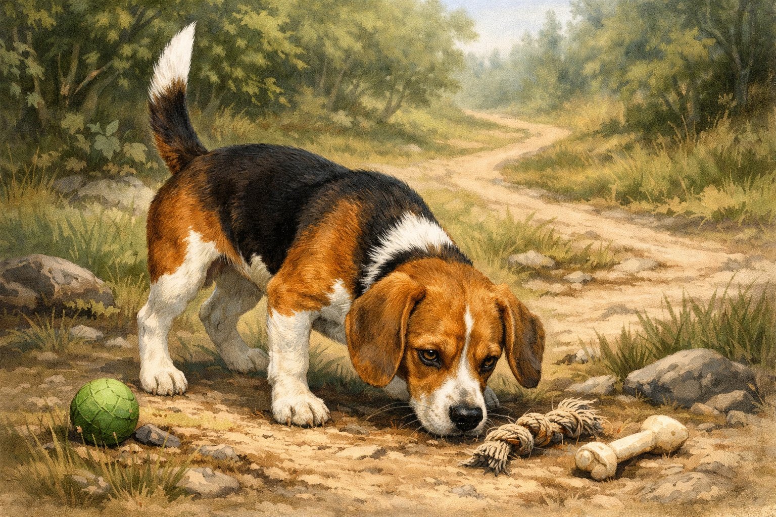 A beagle dog outdoors, standing alert with a curious and determined expression, surrounded by a natural setting with a small trail and scattered toys.